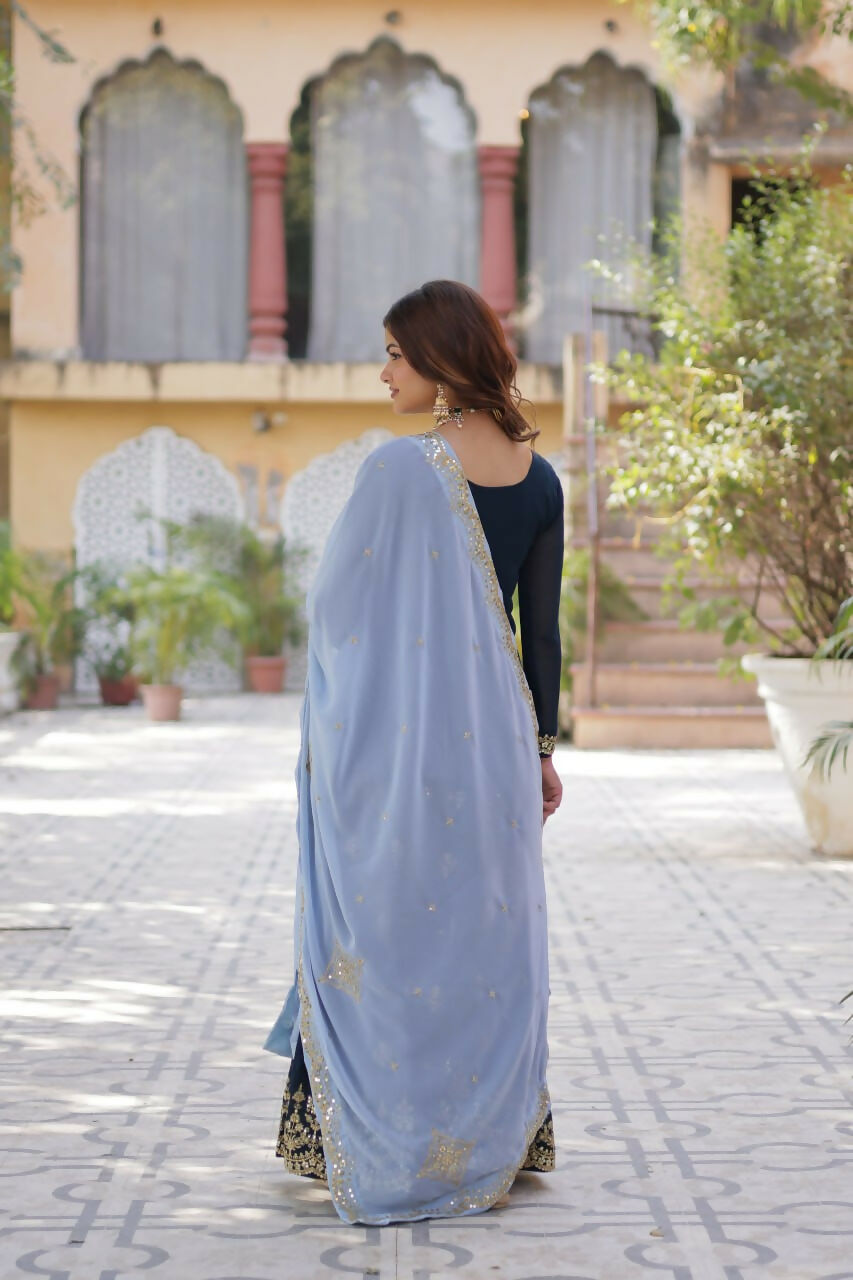 Vastranavya Faux Blooming with Sequins Embroidered Kurti, Palazzo & Dupatta - Teal