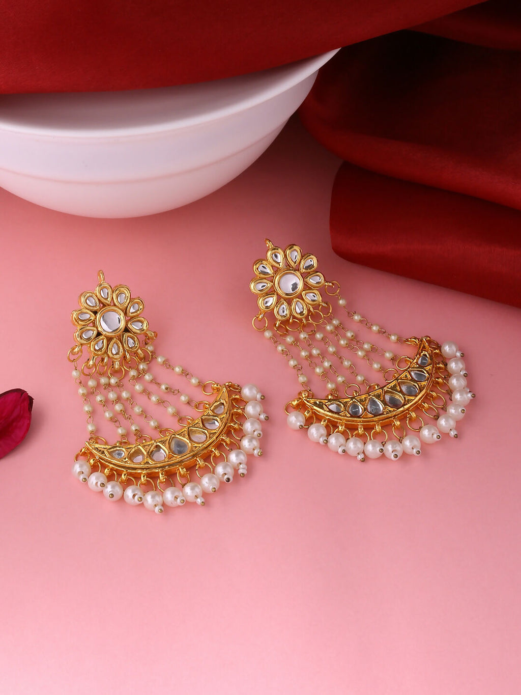 NVR Women Gold-Polished Kundan Chandbali Earrings
