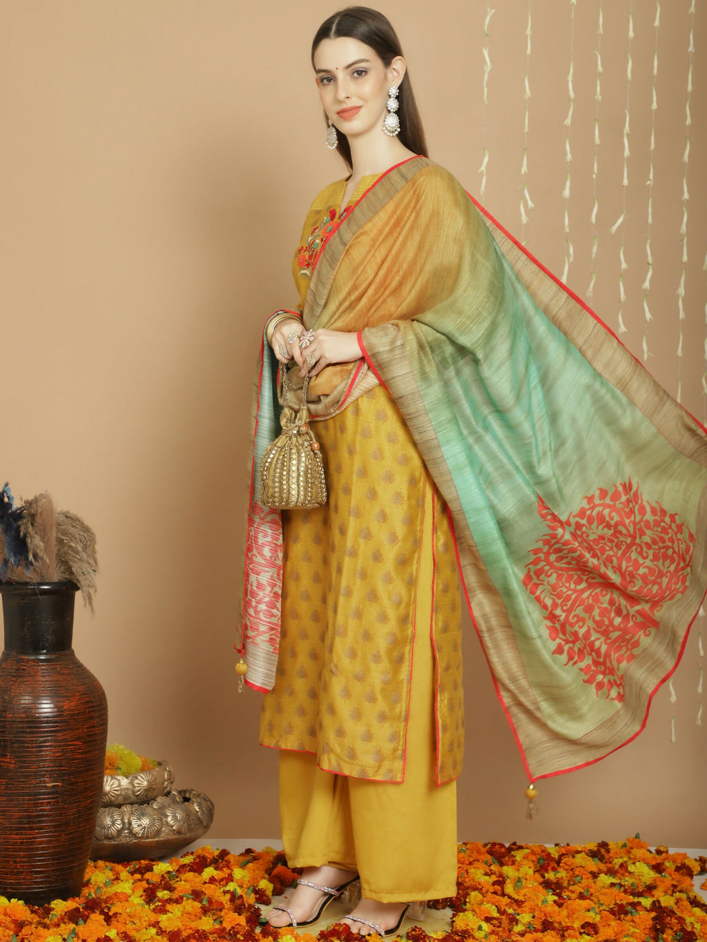 Jyoti Fashion Women's Yellow Chanderi Silk Elegant Jardoshi Semi Kurta with Trouser & Dupatta