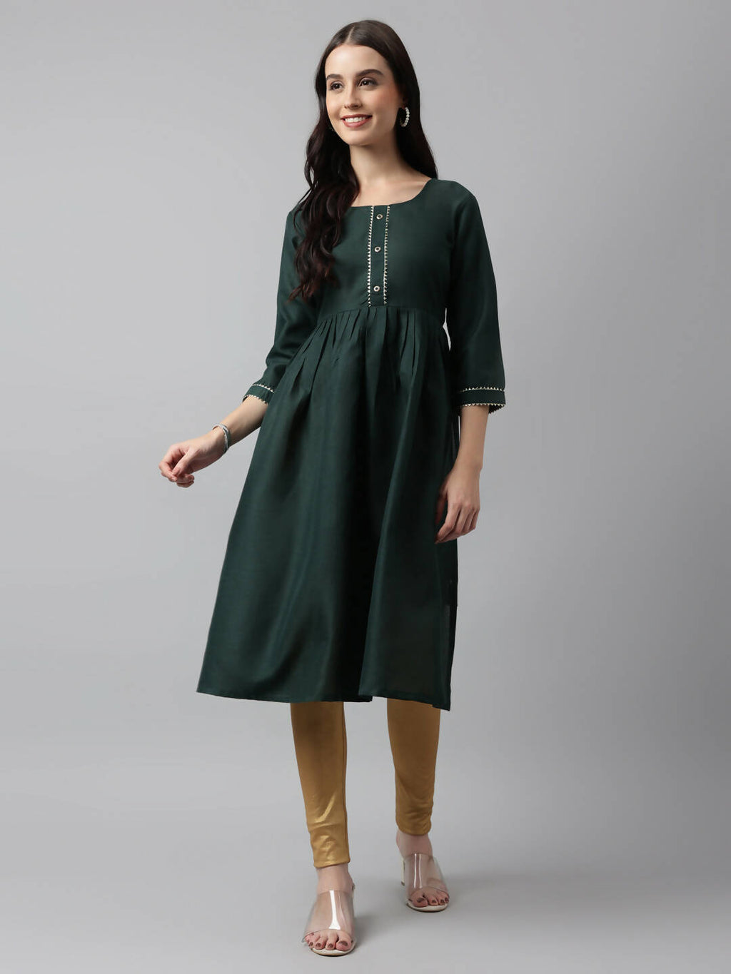 Green Poly Cotton Solid Nayra Cut Kurta - Tirtha