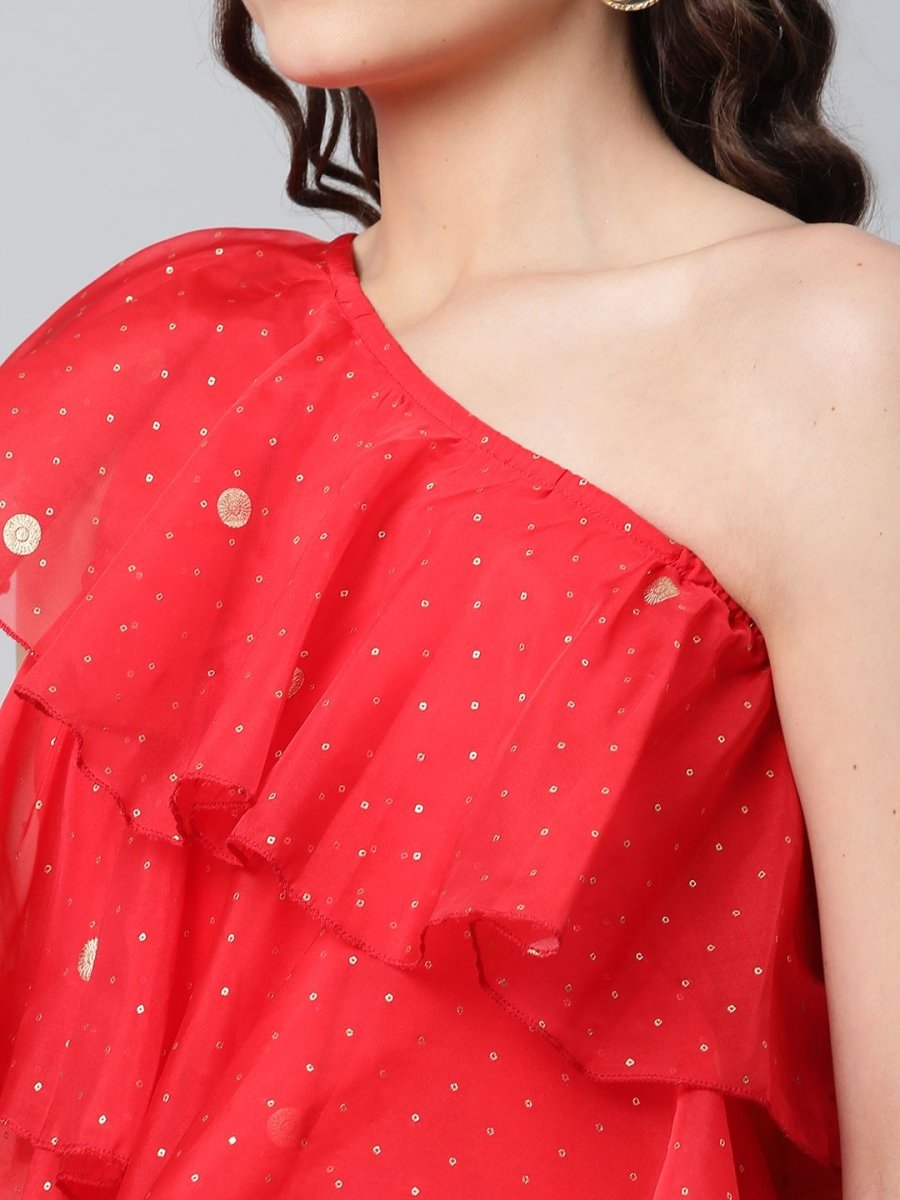 Ahalyaa Women Red Printed Layered Top with Trousers