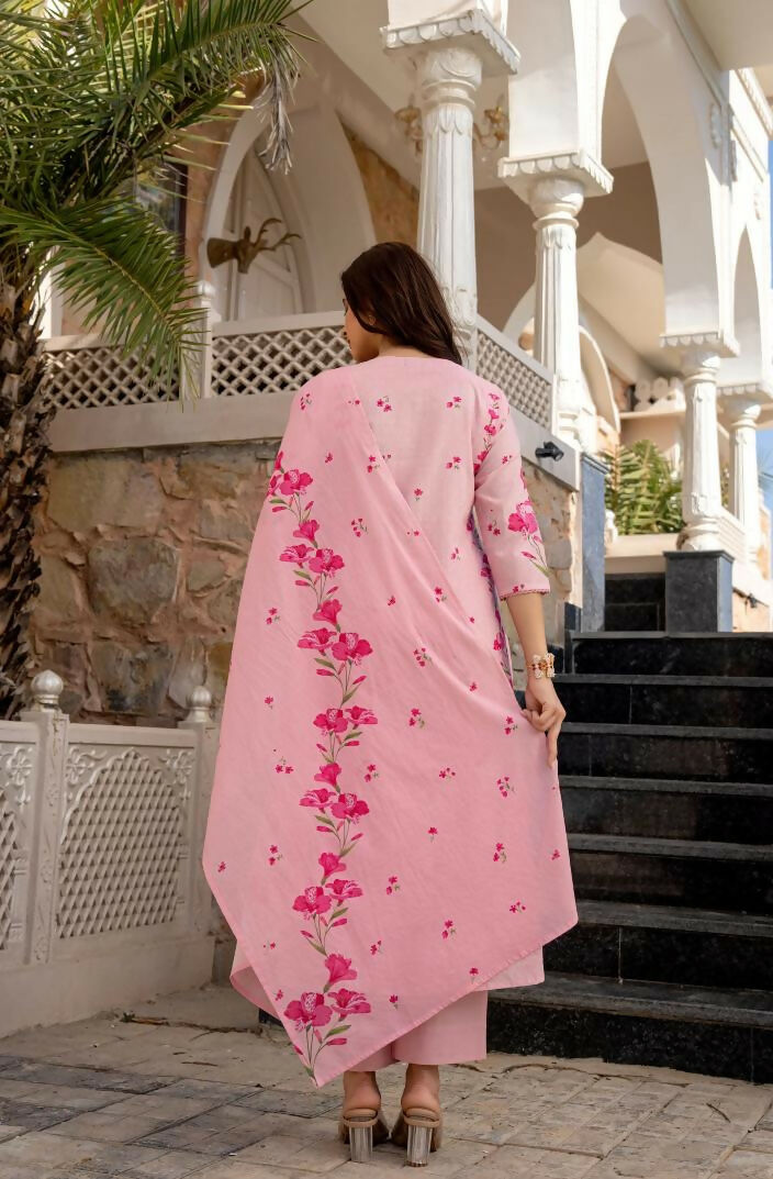 The52 Pink Women's Beautiful Chanderi Fabric Printed Work Straight Kurta Pant and Dupatta Set