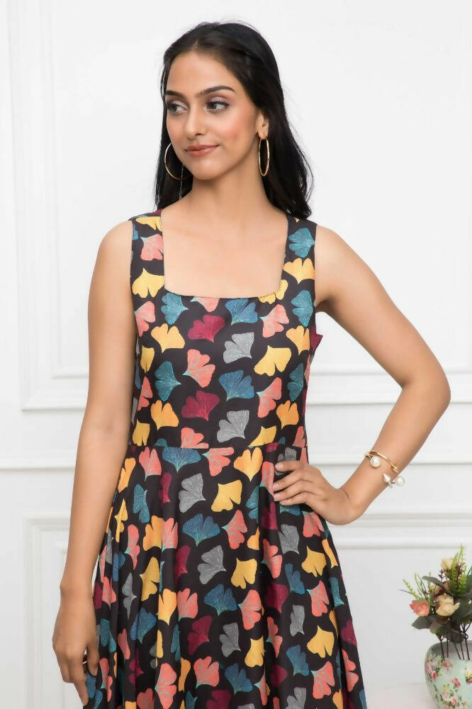Myshka Women Black Floral Rayon A-Line Round Neck Dress