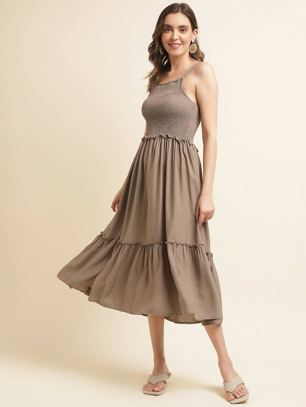 Brown Cotton Solid Flared Dress with Printed Shrug - Yukti