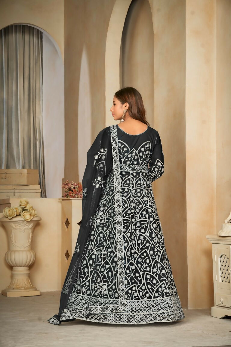 Jyoti Fashion Women's Black Net Embroidered Anarkali Kurta Pant Set With Dupatta