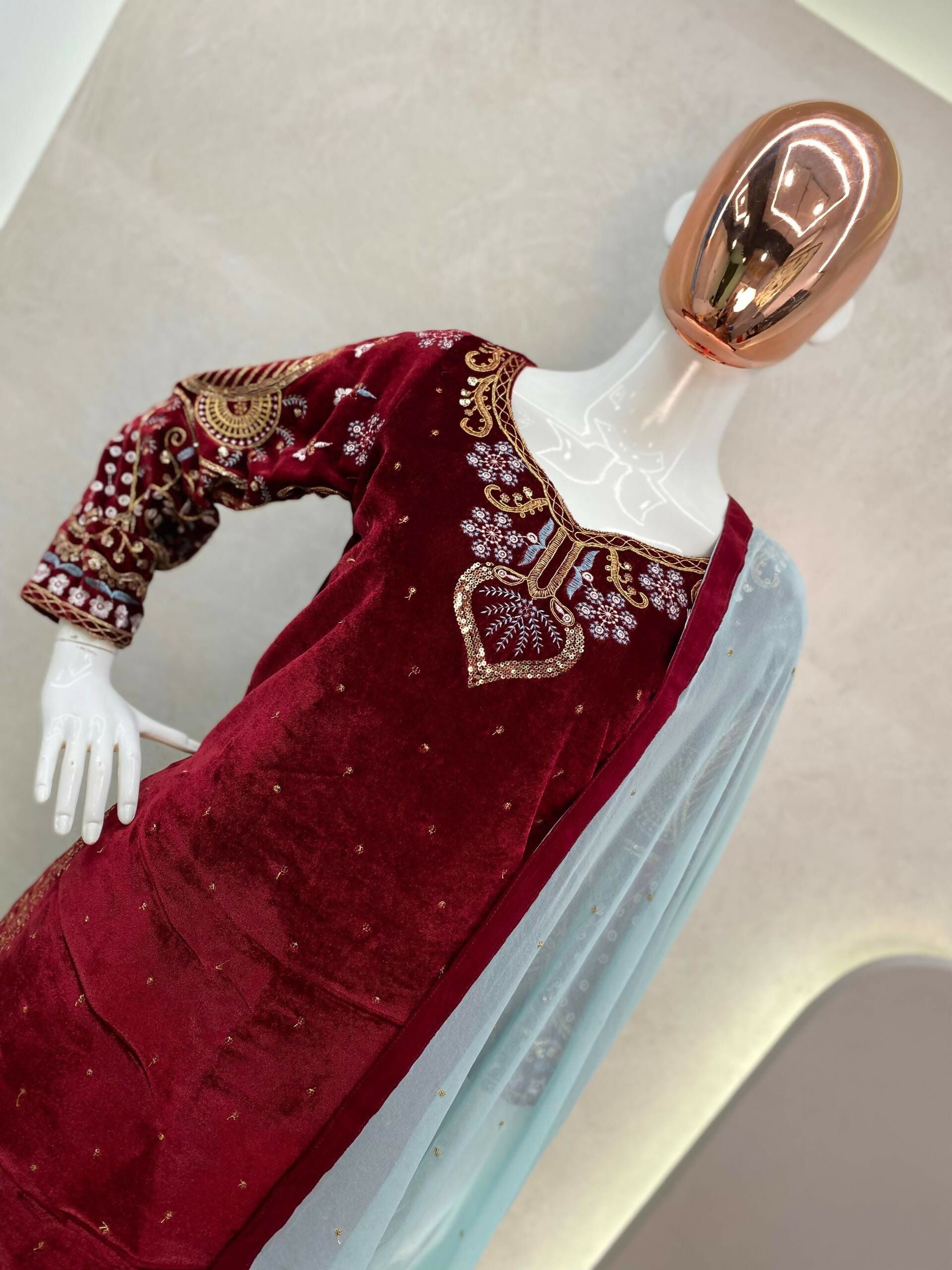 Vastranavya Maroon Viscose Velvet Cording Sequence Embroidery Work Suit With Dupatta