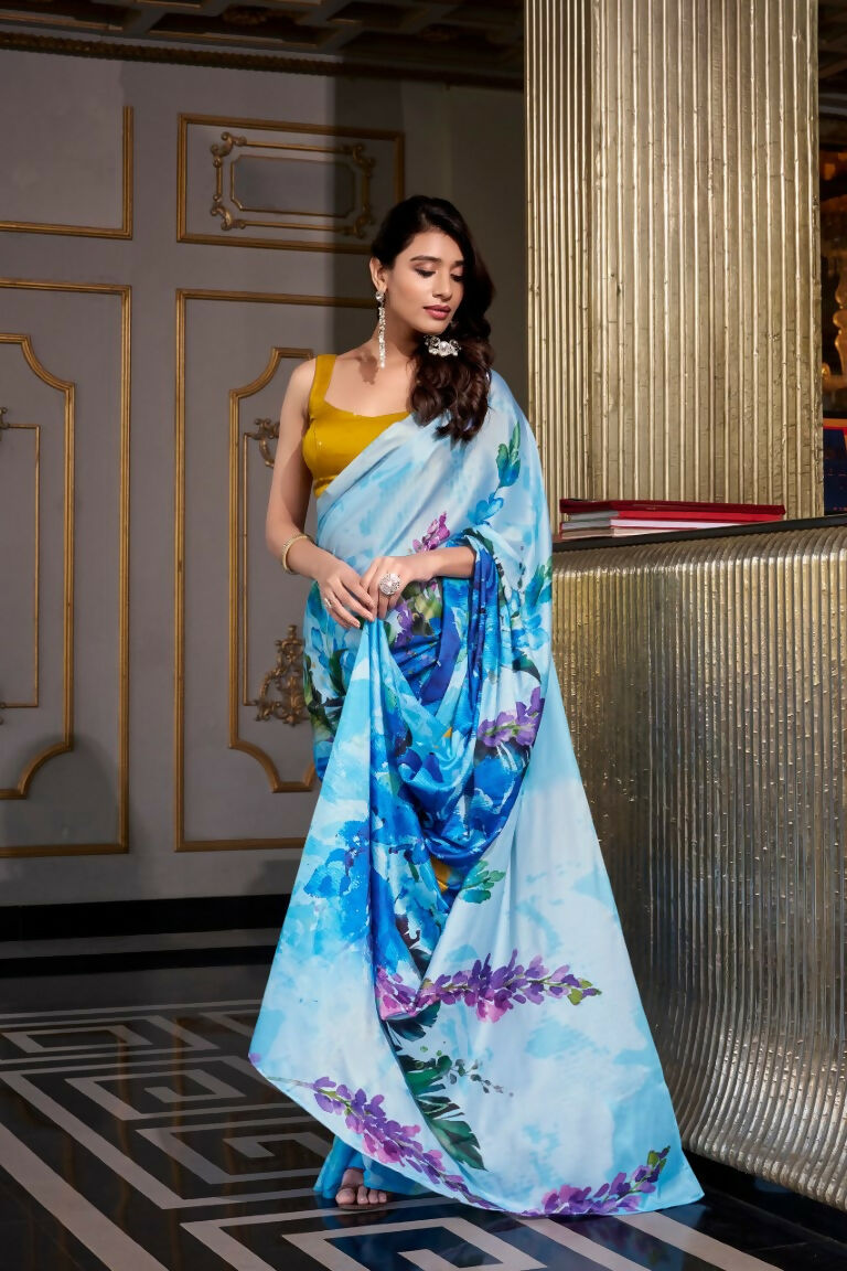 Vastranavya Sea Blue Satin Silk Printed Saree with Hotfix Work Unstitched Blouse