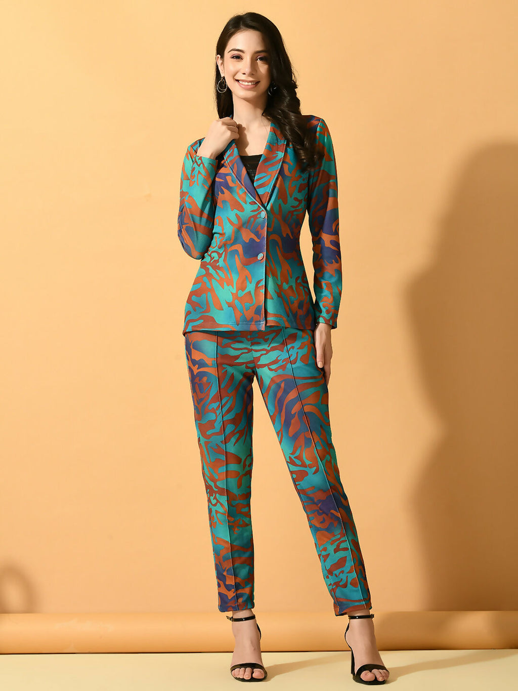 Myshka Women's Multi Printed Coat With Trousers