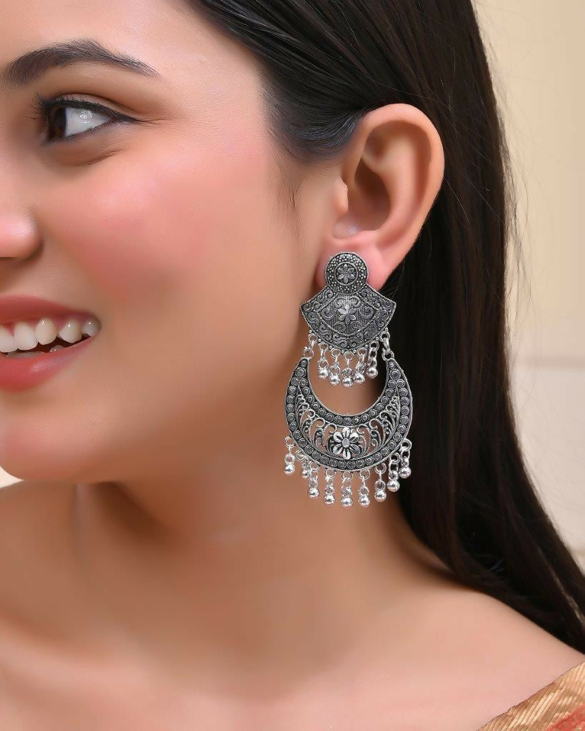 VOJ Silver Plated Oxidized Chandbali Earrings