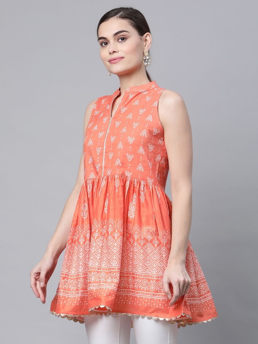 Ahalyaa Women Orange Pure Cotton Porcian Print Tunic