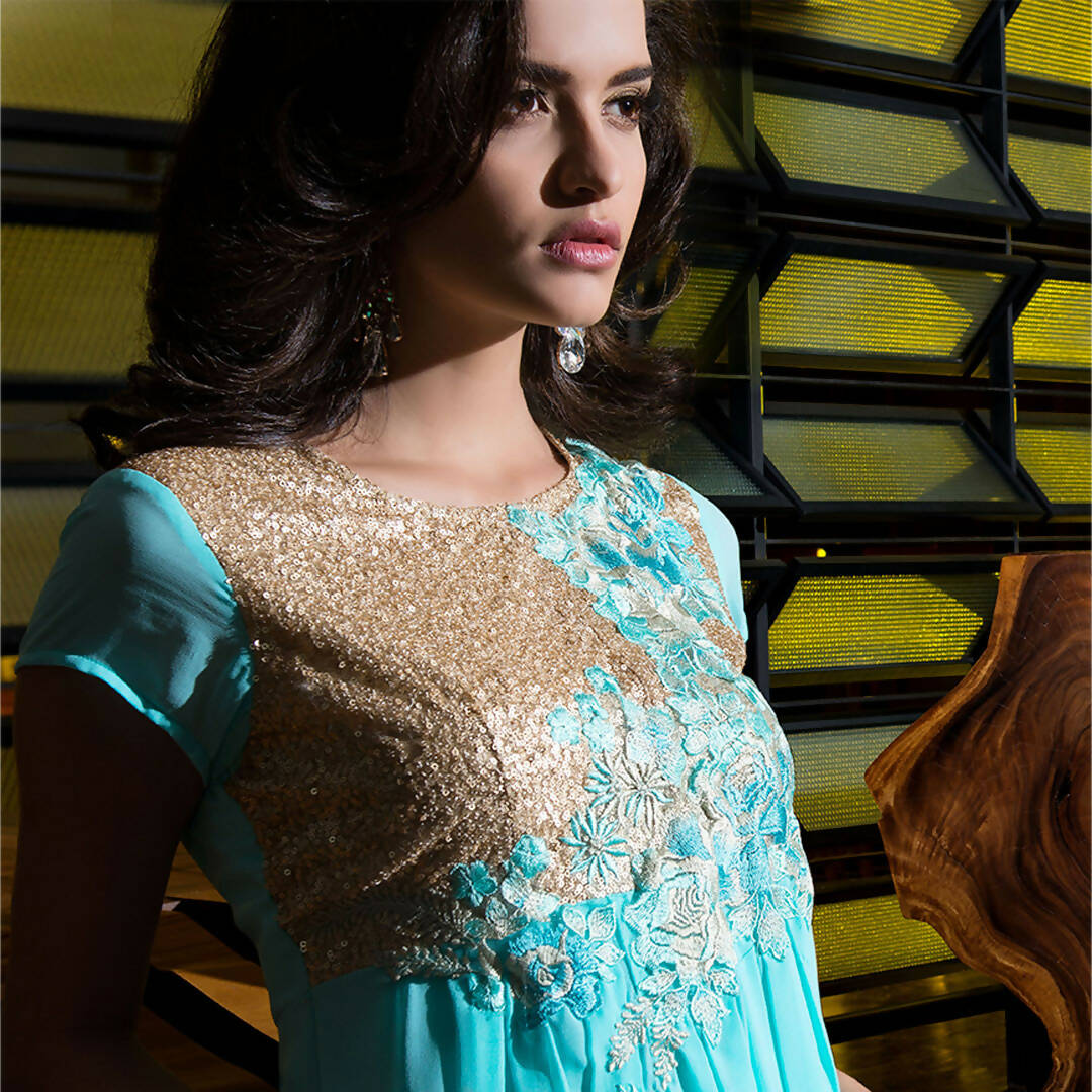 Light Blue Georgette Floral Embroidered A-line Kurti - Missy