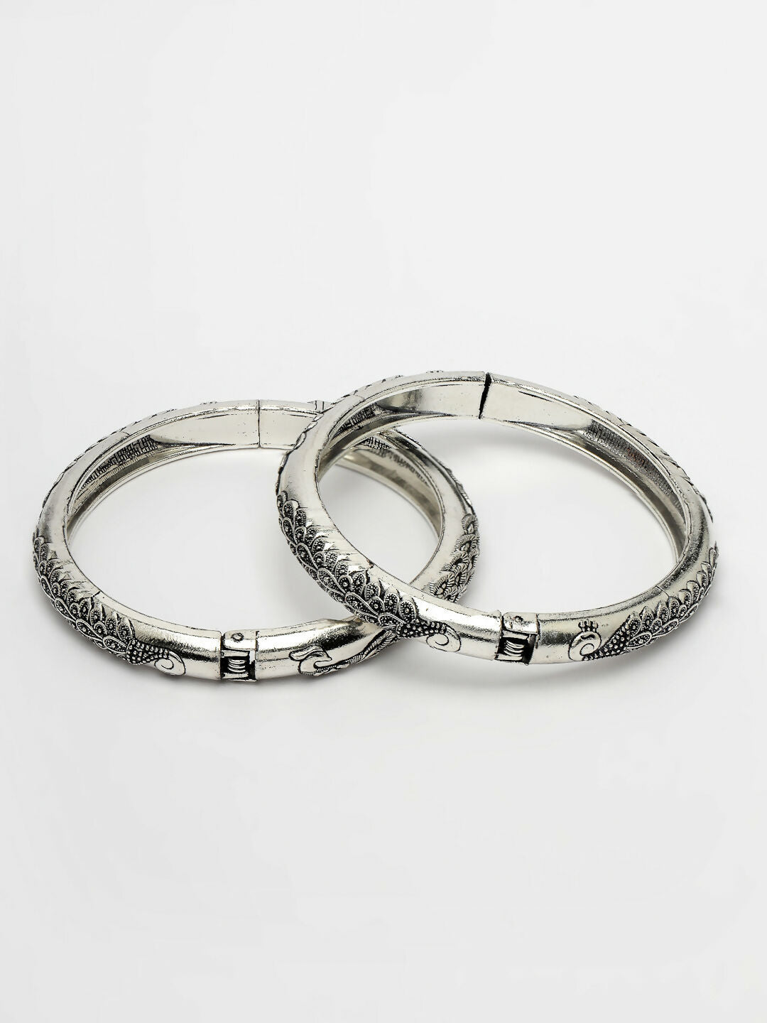 NVR Women's Set of 2 Silver-Toned German Silver Peacock Design Oxidised Kada Bangle