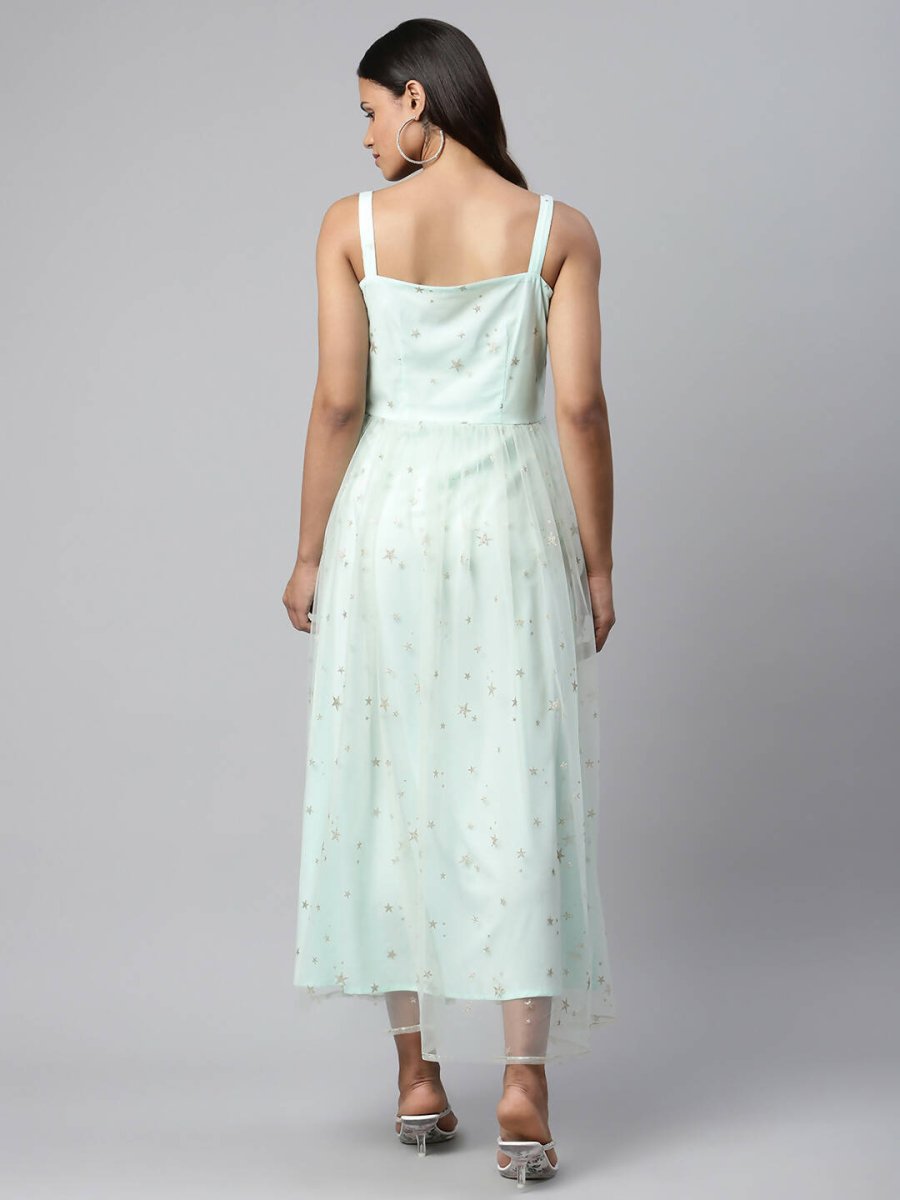 Ahalyaa Women Summer Blue Net Glitter Printed Dress