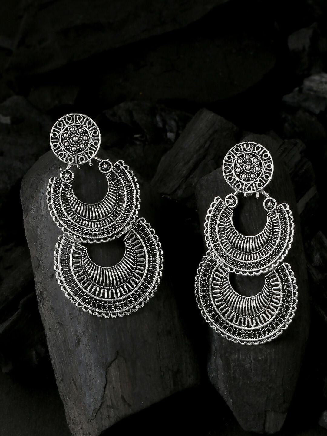 NVR Women Silver Plated Crescent Shaped Drop Earrings