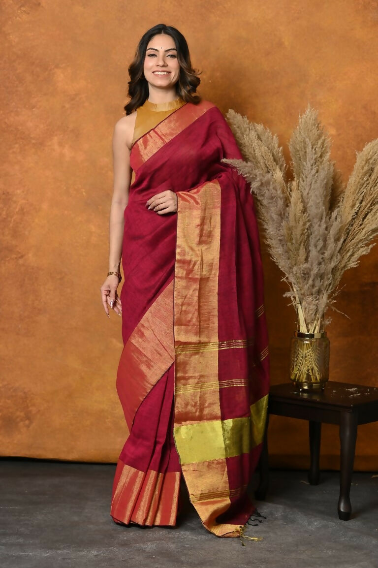 Very Much Indian Handloom Pure Cotton Linen Saree With Golden Border - Maroon