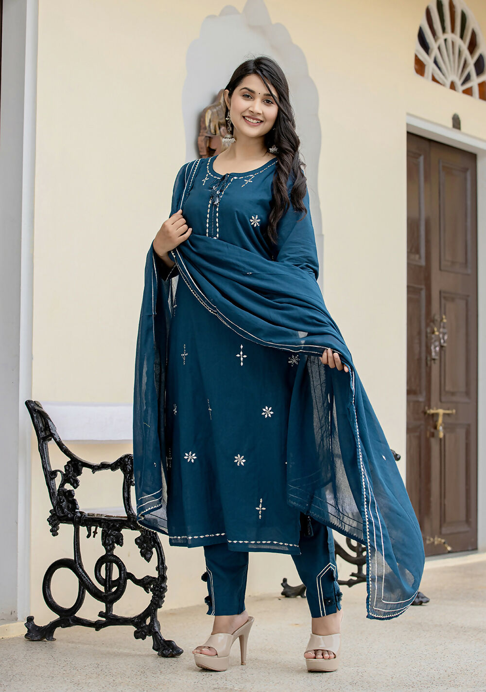 Kaajh Women's Navy Blue Mirror Embellished Cotton Suit Set