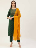 FIORRA Women's Green Poly Crepe Straight Kurta Pant With Dupatta