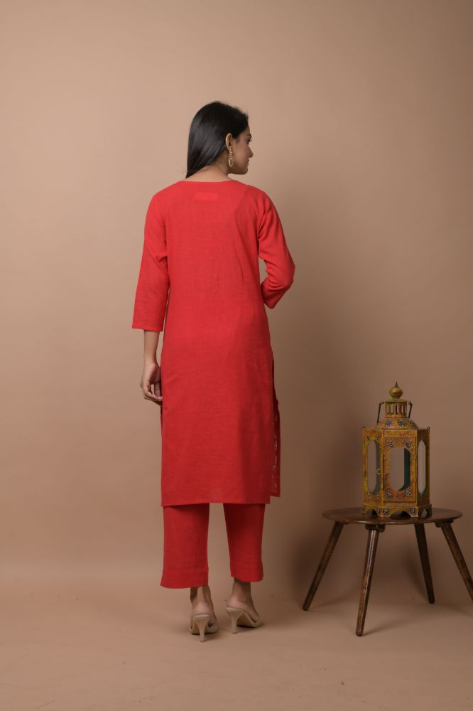Kaajh Women's Red Solid Sequins Embellished Kurta Pant Set