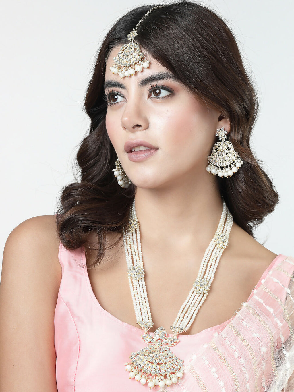 NVR Women's Gold-Polished Kundan-Studded Chandbali Earrings
