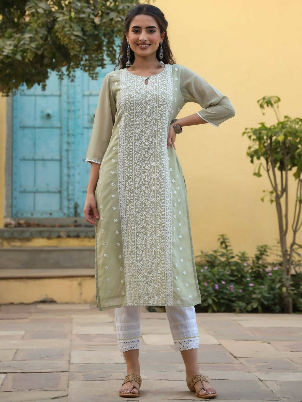 Juniper Women's Ltgreen Georgette Printed Kurta