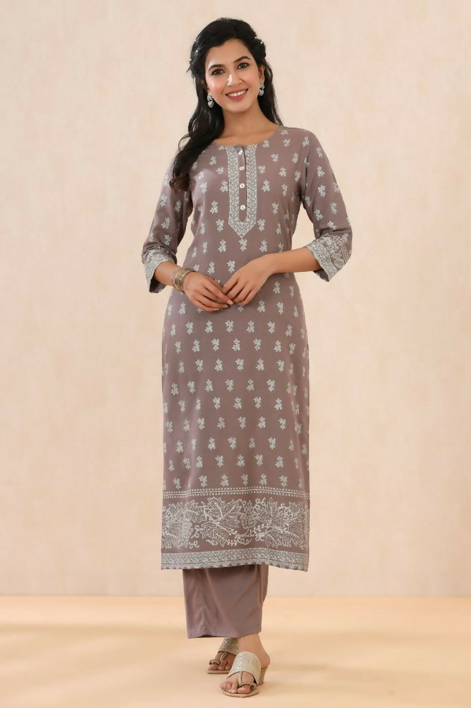 Juniper Grey Ethnic Motif Printed Rayon Kurta With Buttons