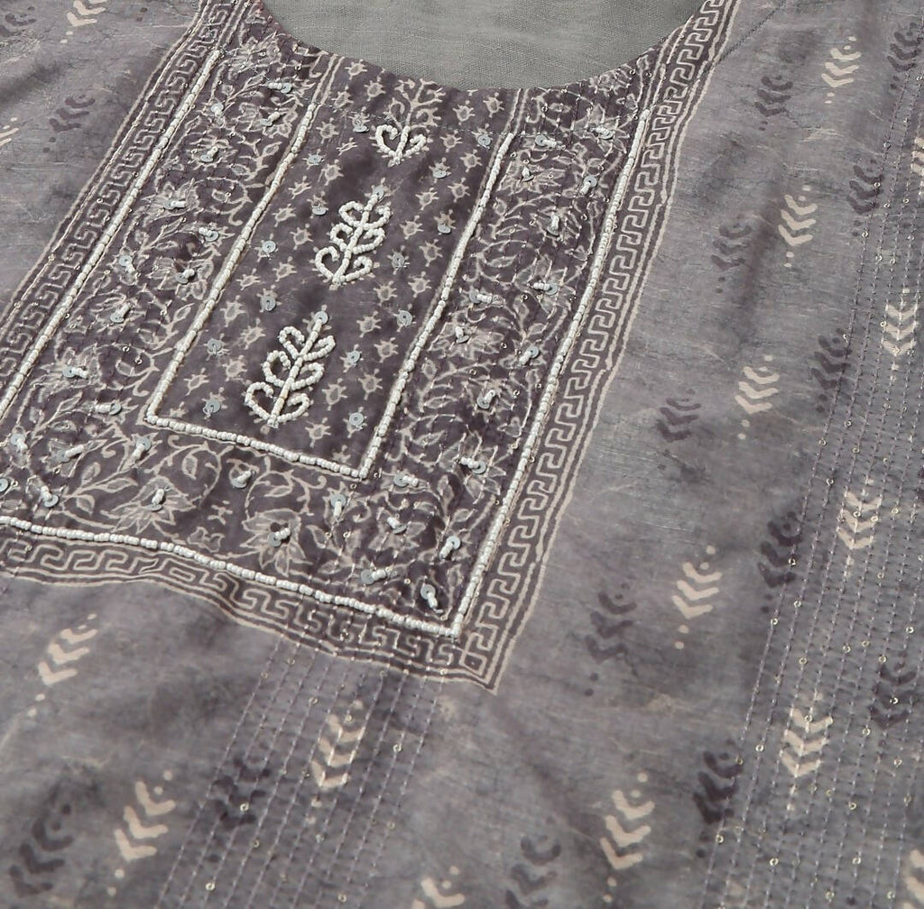 Grey Chinon Digital Printed With Hand Work Kurta - Himanshi