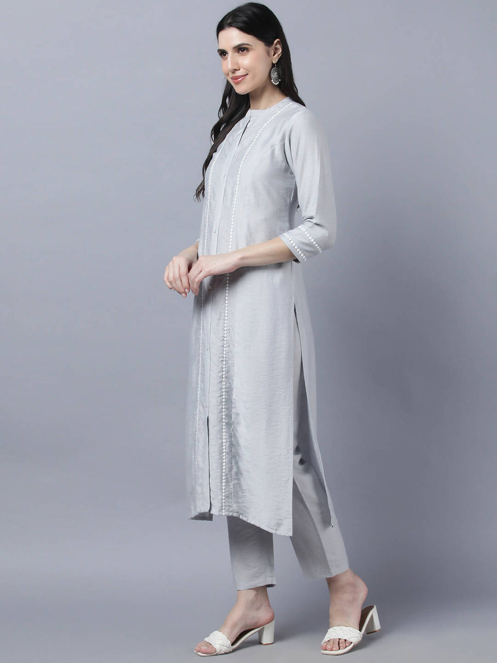 Myshka Stylish Grey Viscose 3/4 Sleeve Women's Kurta Pant Set