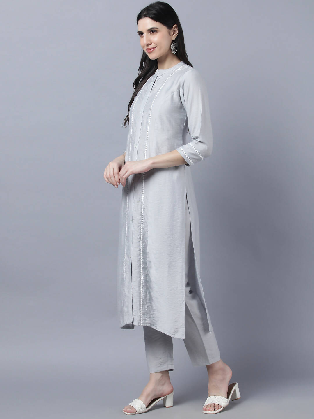 Myshka Stylish Grey Viscose 3/4 Sleeve Women's Kurta Pant Set