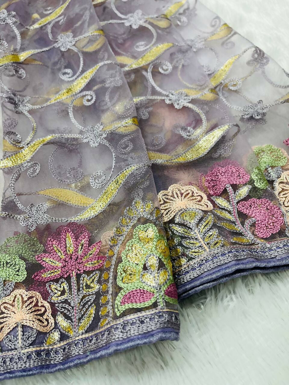 Vastranavya Soft Crush Georgette With Embroidery and Foil Multi Thread Work Saree - Lavender