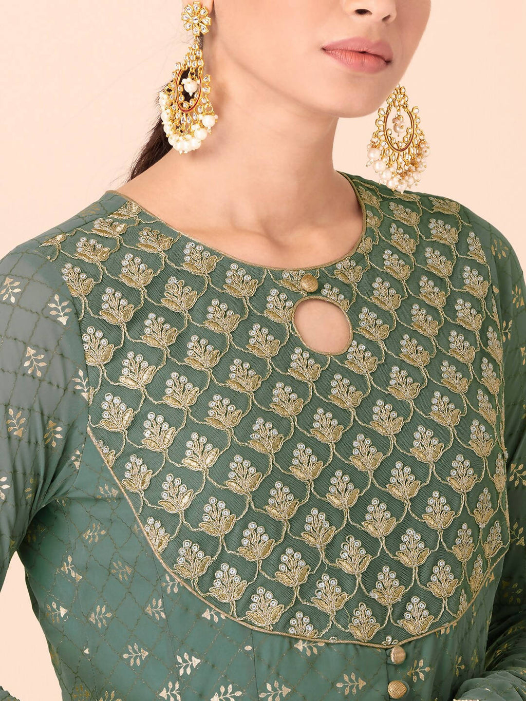 Indya Green & Gold-Toned Ethnic Motifs Printed Georgette Anarkali Kurta