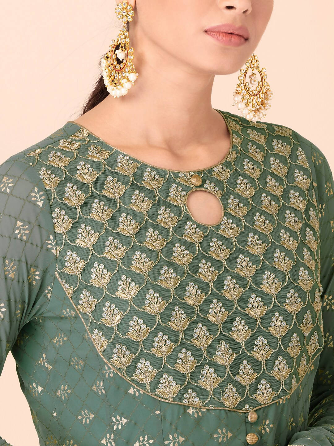 Indya Green & Gold-Toned Ethnic Motifs Printed Georgette Anarkali Kurta