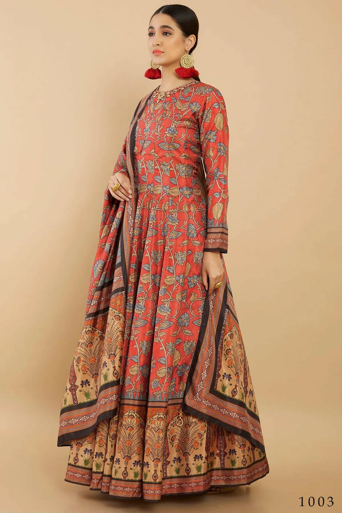 Women's Partywear Designer Red Soft Dola Silk Anarkali suit with Dupatta - Kalishta