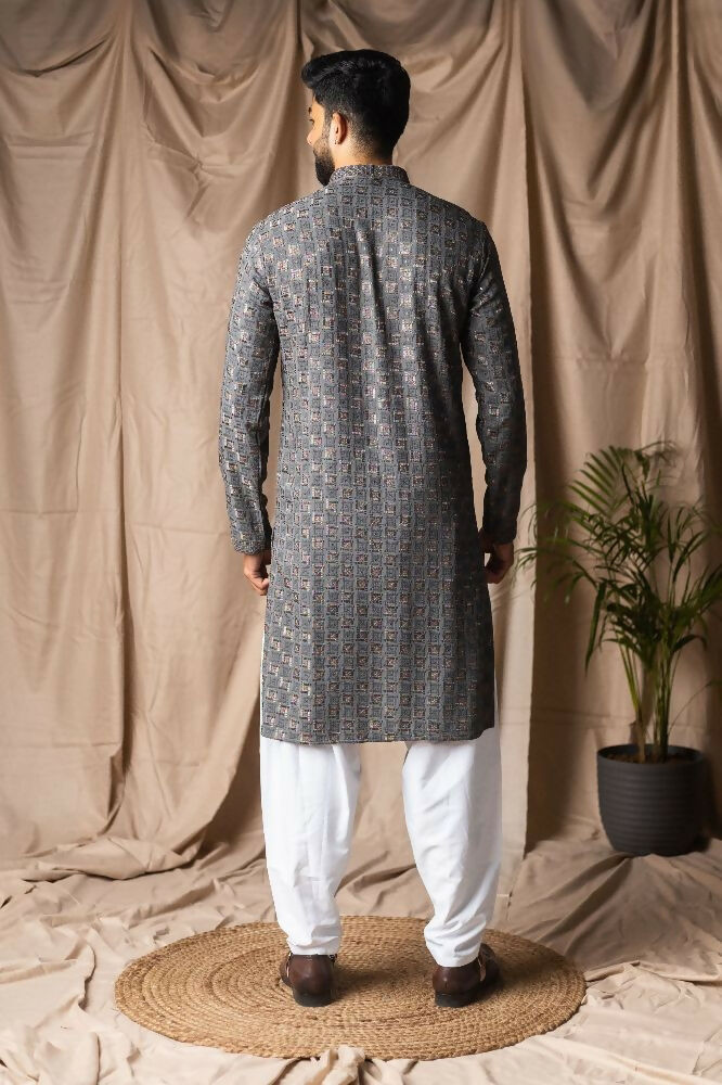 Grey Rayon Thread Embroidery Work Kurta Set - Mahotsav