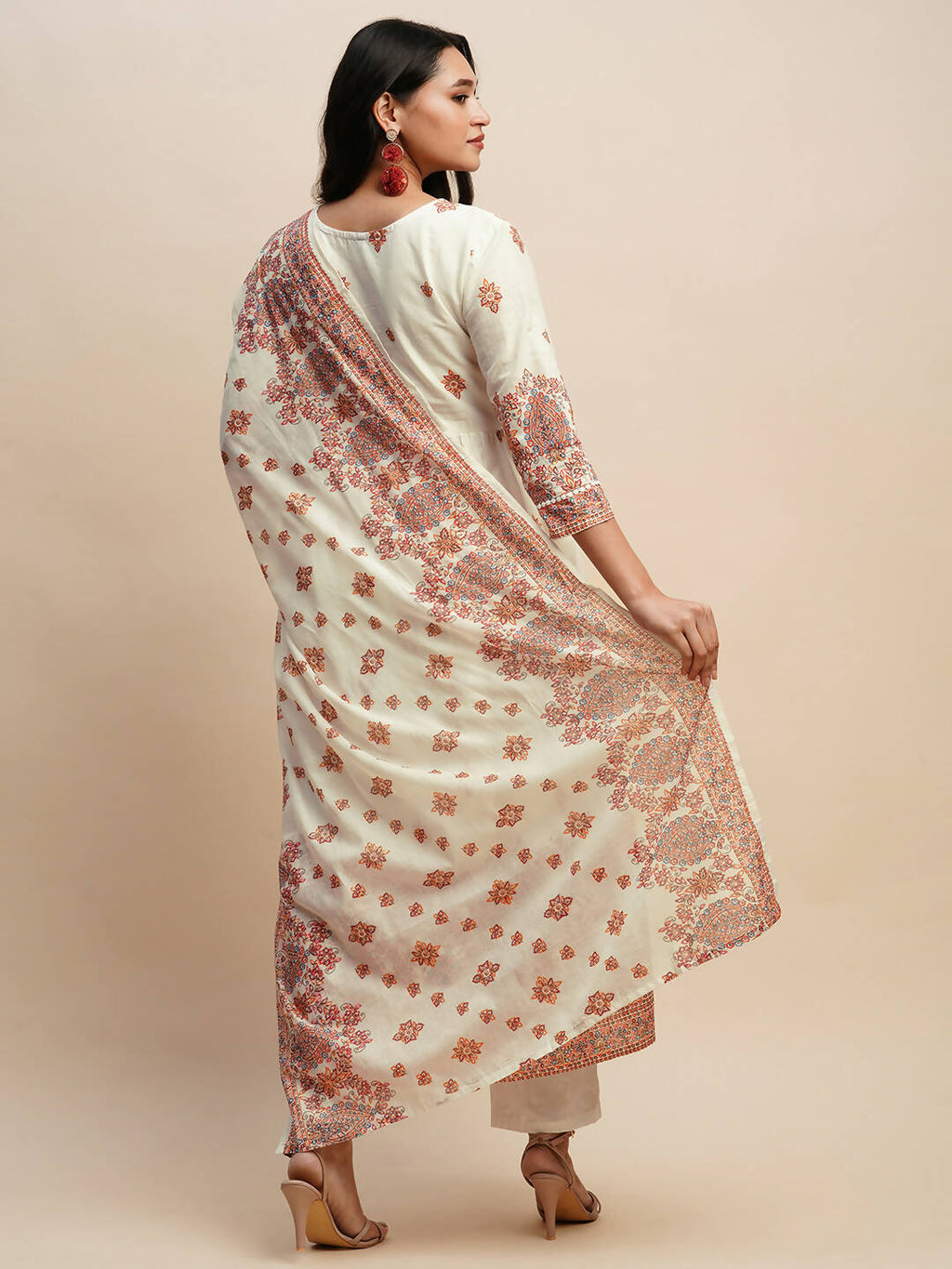 White And Peach Pure Cotton Floral Printed Anarkali Kurta And Bottom With Dupatta - Akashara