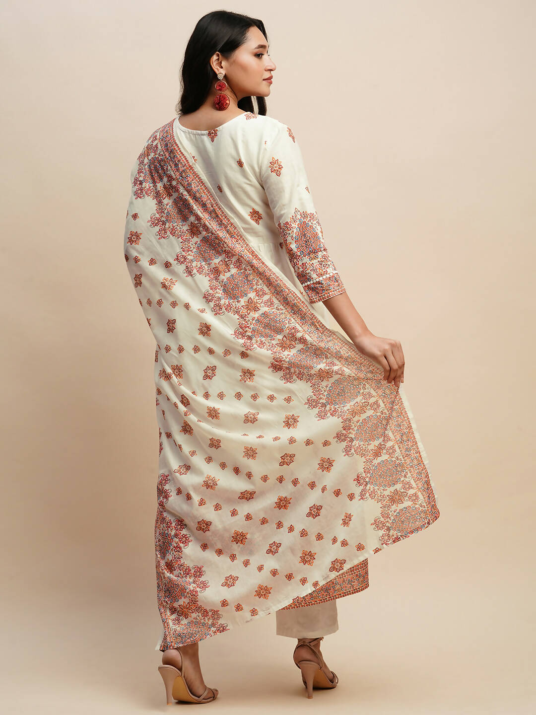 White And Peach Pure Cotton Floral Printed Anarkali Kurta And Bottom With Dupatta - Akashara