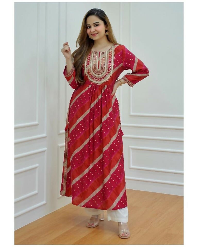 Alvano Women's Sequence Naira Cut Kurti with Pant set Printed Rayon