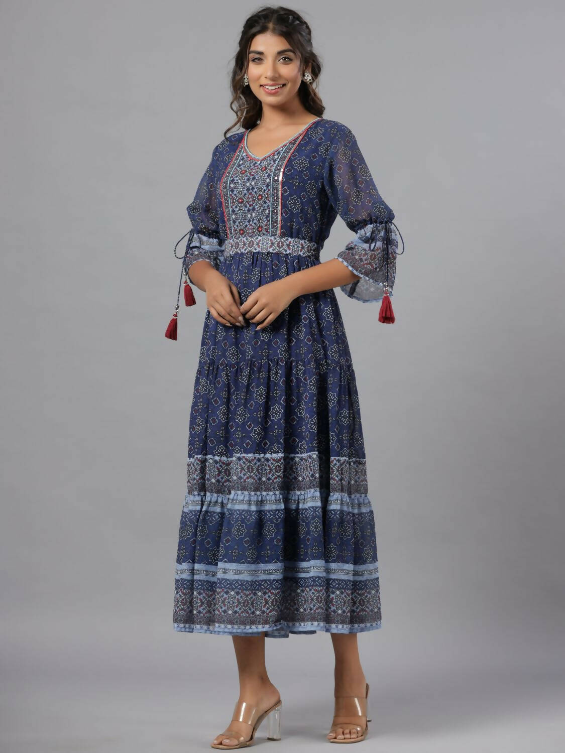 Juniper Women Navy Blue Georgette Geometric Printed Tiered Maxi Dress