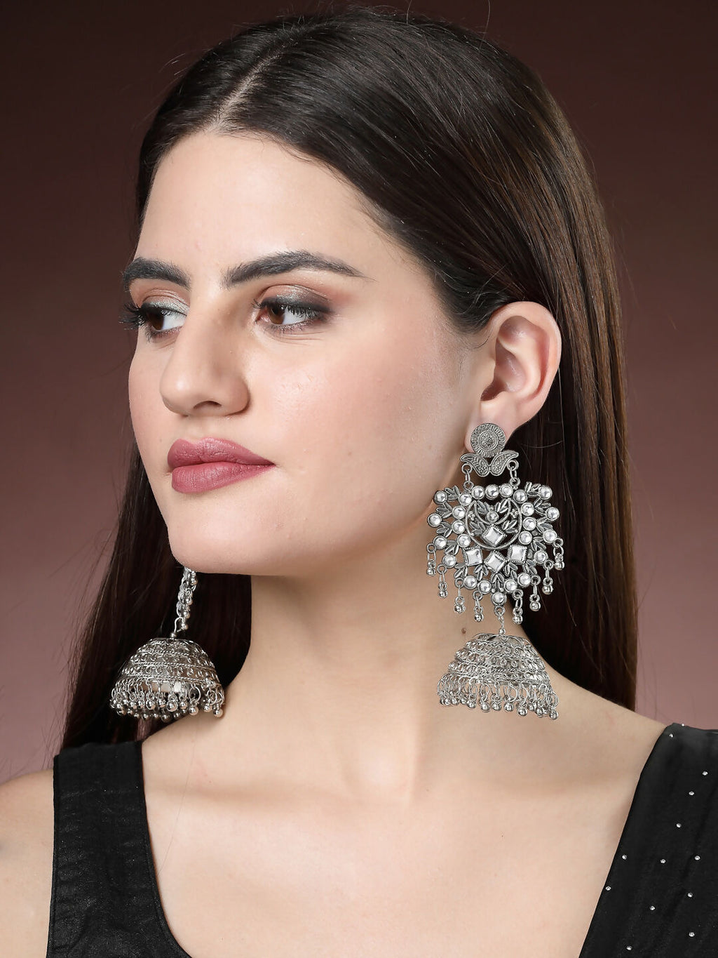 NVR Women's Silver-Plated Oxidised Artificial Stones Dome Shaped Jhumka Earrings