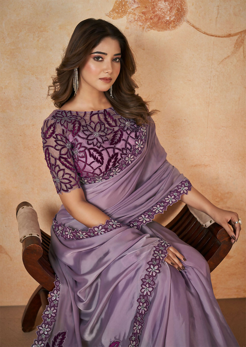 Purple Crepe Satin Silk Sequence & Cord Embroidered with Stone Work Saree - Mohmanthan Dakshika