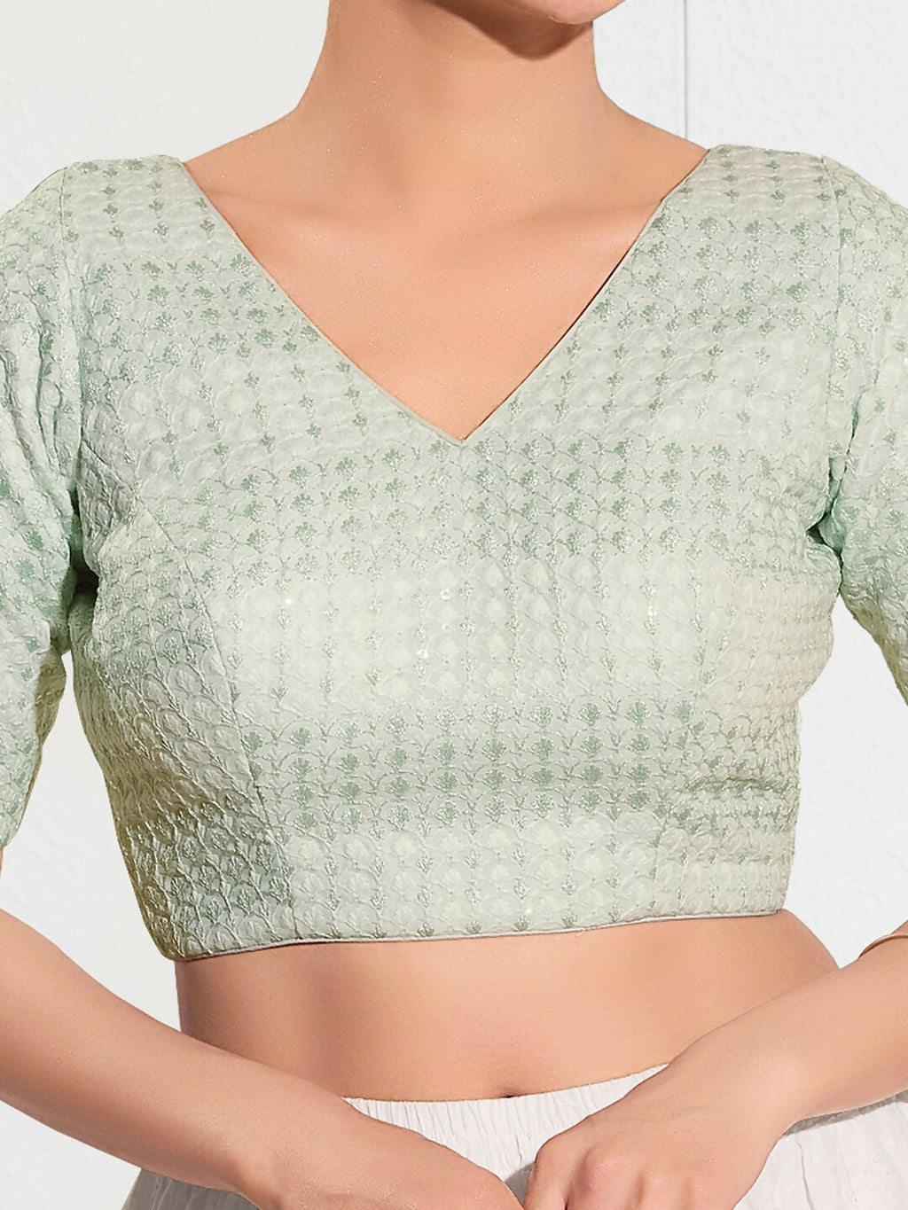 Joban Fashion Pista Green Crochet Padded Blouse With V Neck Elbow Sleeves