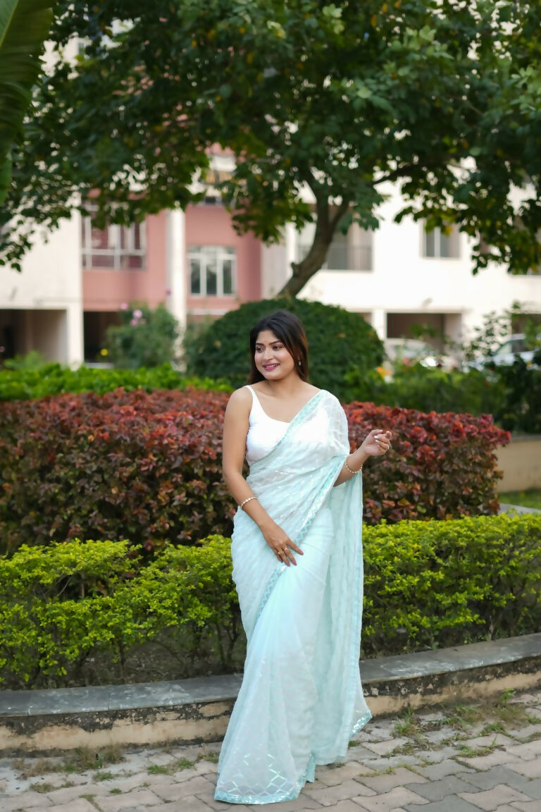Light Blue Georgette Sequance Embroidery Work Saree with Unstitched Blouse - Vandini
