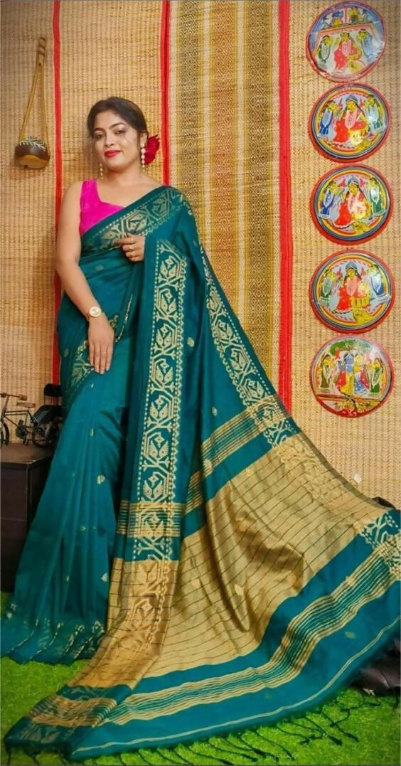 Exclusive Collection Beautiful Green Pure Cotton Woven Handloom Saree With Running Blouse Piece