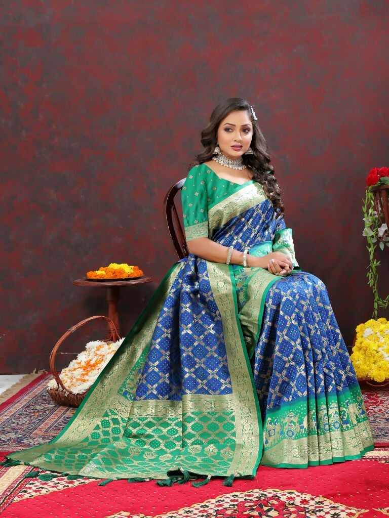 Vastranavya Royal Blue Soft Patola Silk With Meenakari Weaving Motifs And Rich Zari Weaving Pallu Saree With Matching Blouse Fabric