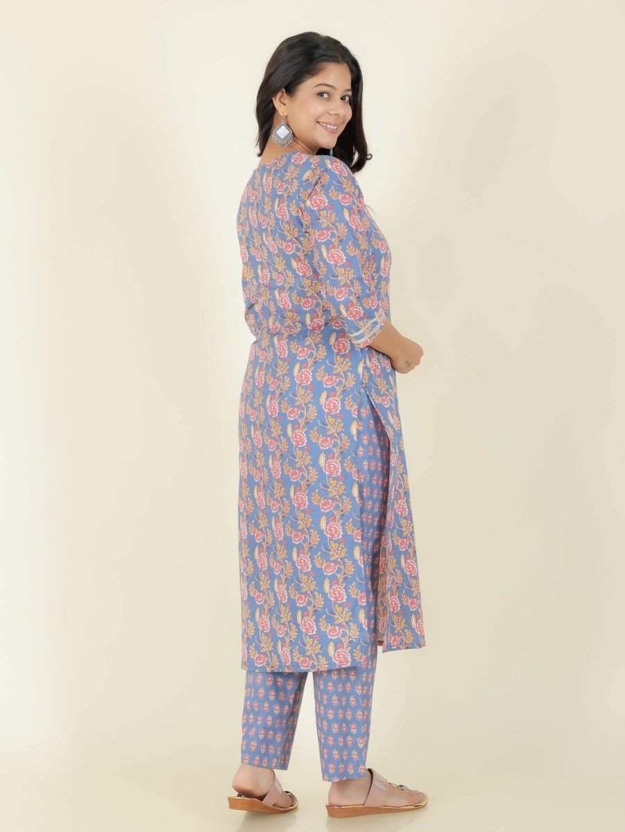 Aramya Straight Soft Cotton Floral Print Women's Kurta Set - Blue