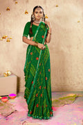 Green Georgette Bandhni Printed Saree With Unstitched Blouse Piece - Shanaya