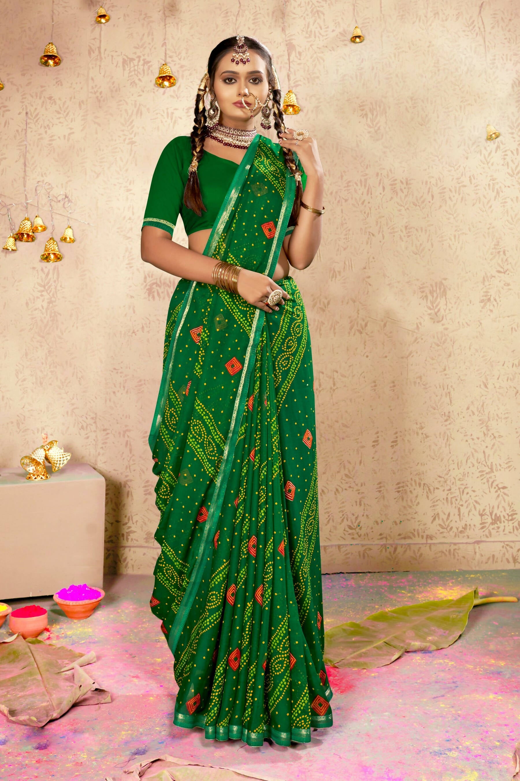 Green Georgette Bandhni Printed Saree With Unstitched Blouse Piece - Shanaya