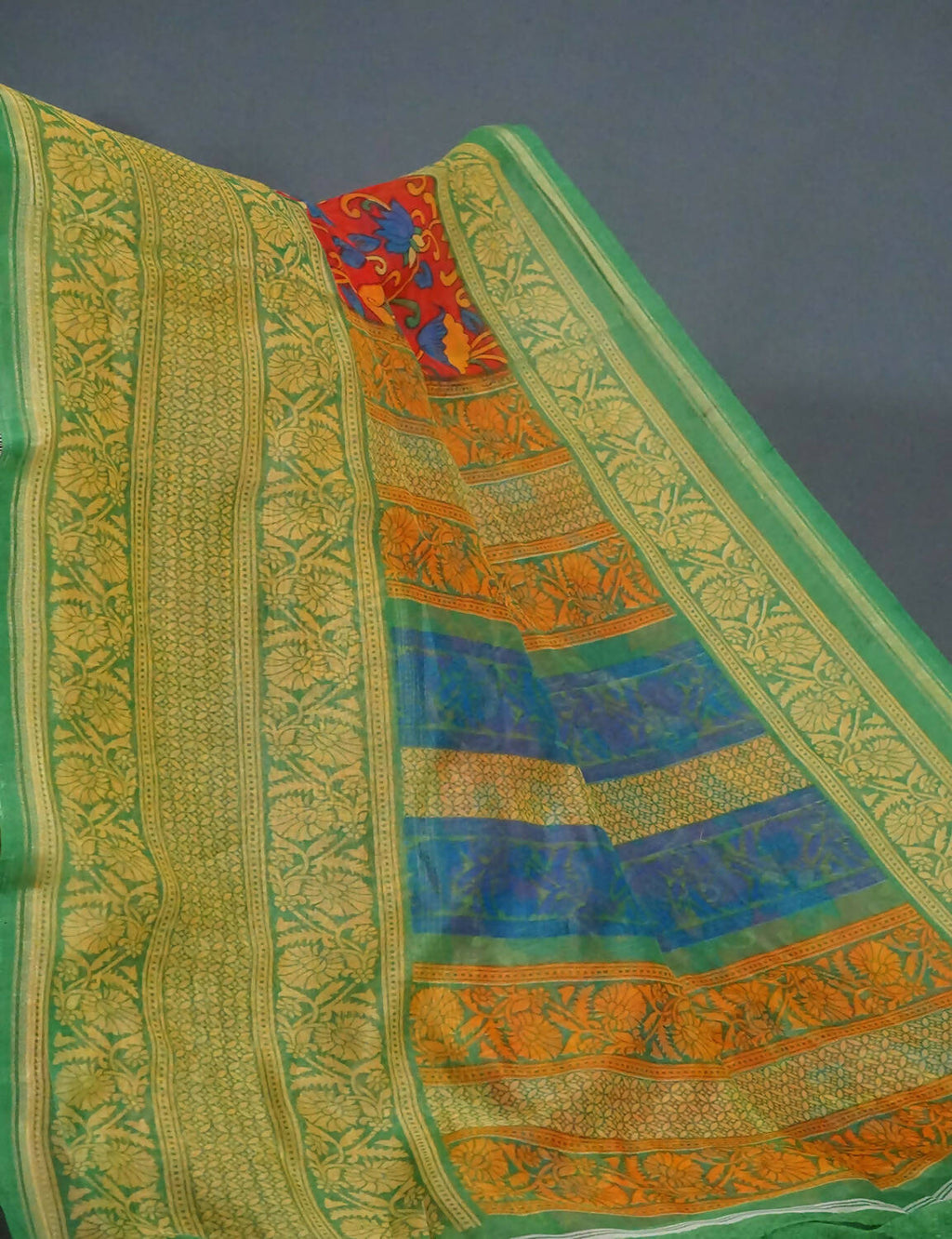Multi Shades Of Red And Green Kalamkaari Design Semi Chanderi Saree By Gayathri Reddy Designer Studio