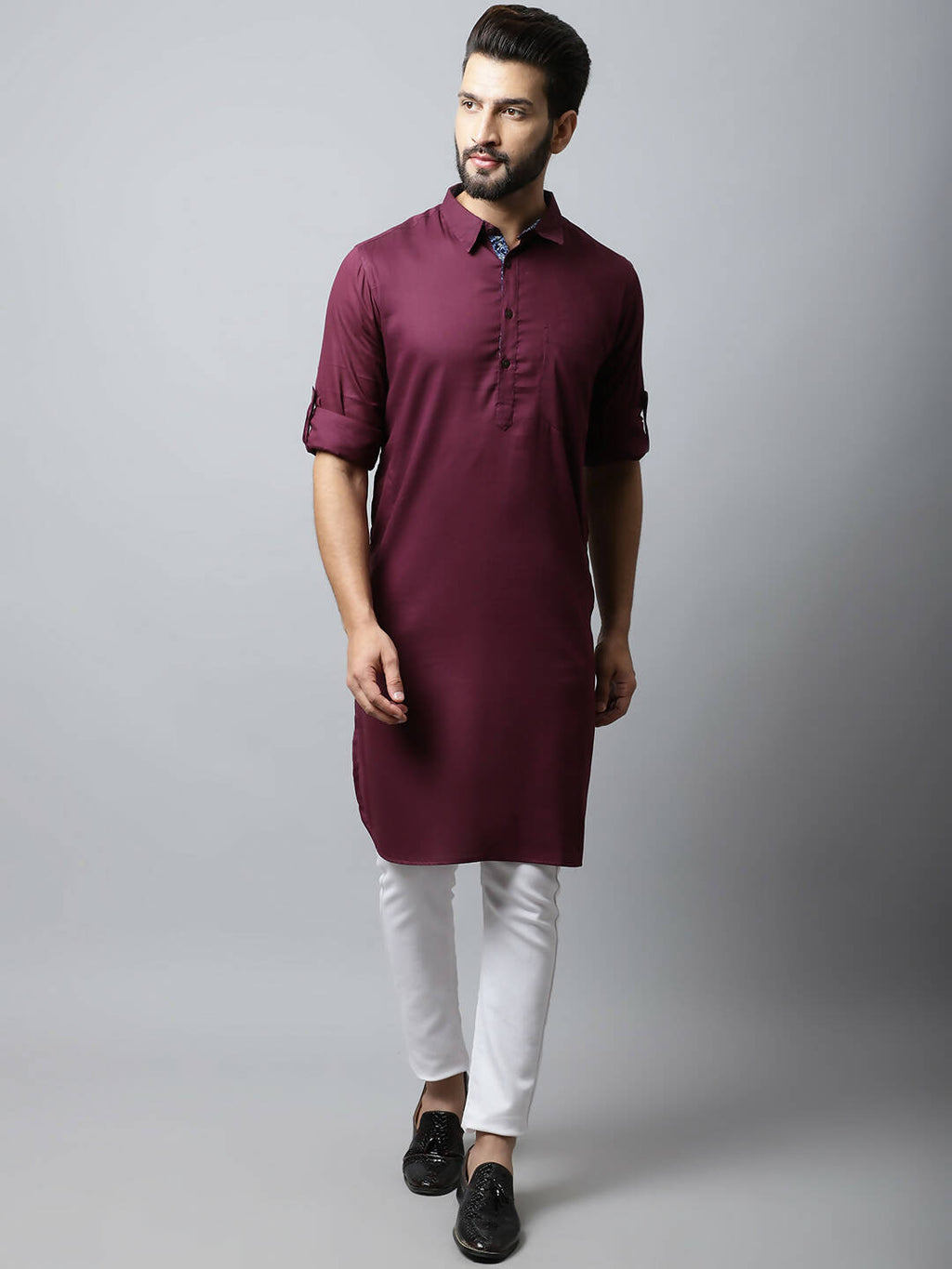 Even Apparels Maroon Color Pure Cotton Solid Men's Kurta With Shirt Collar (MMS755)