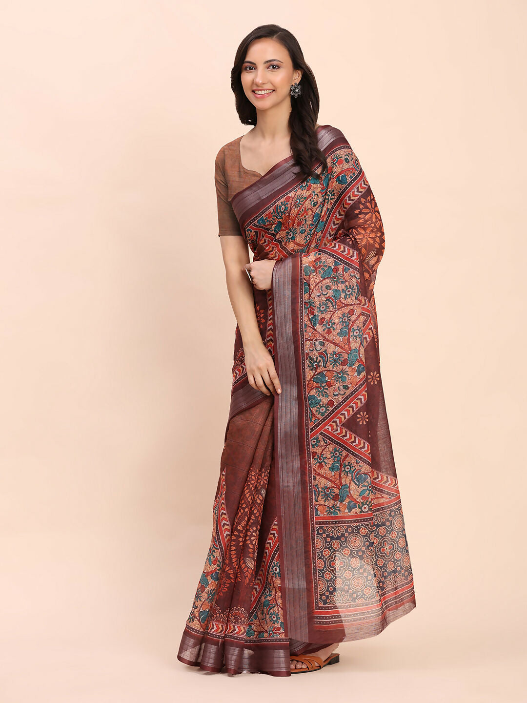 Shree Shyam Fashion Linen Cotton Brown Saree