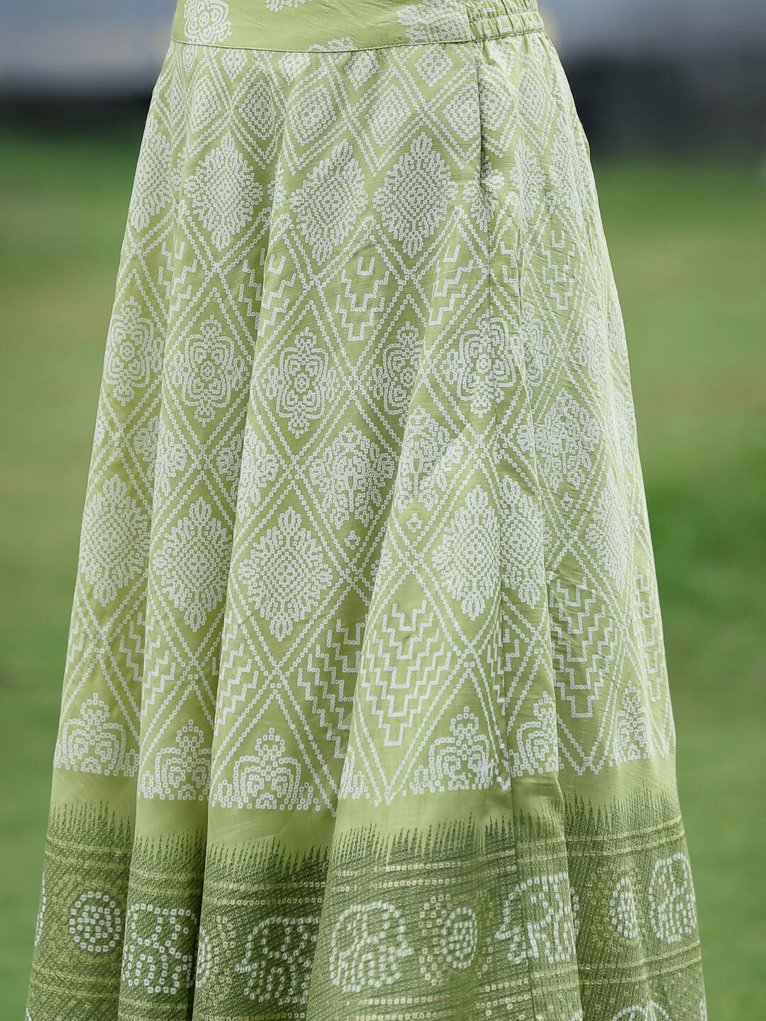 Juniper Green Santoon Slub Festive Foil Print Straight Lehnga Choli Set For Women